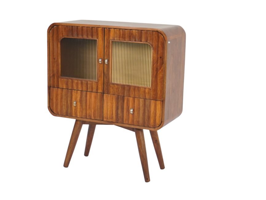 Wooden fluted design ribbed glass 2 door cabinet with drawers