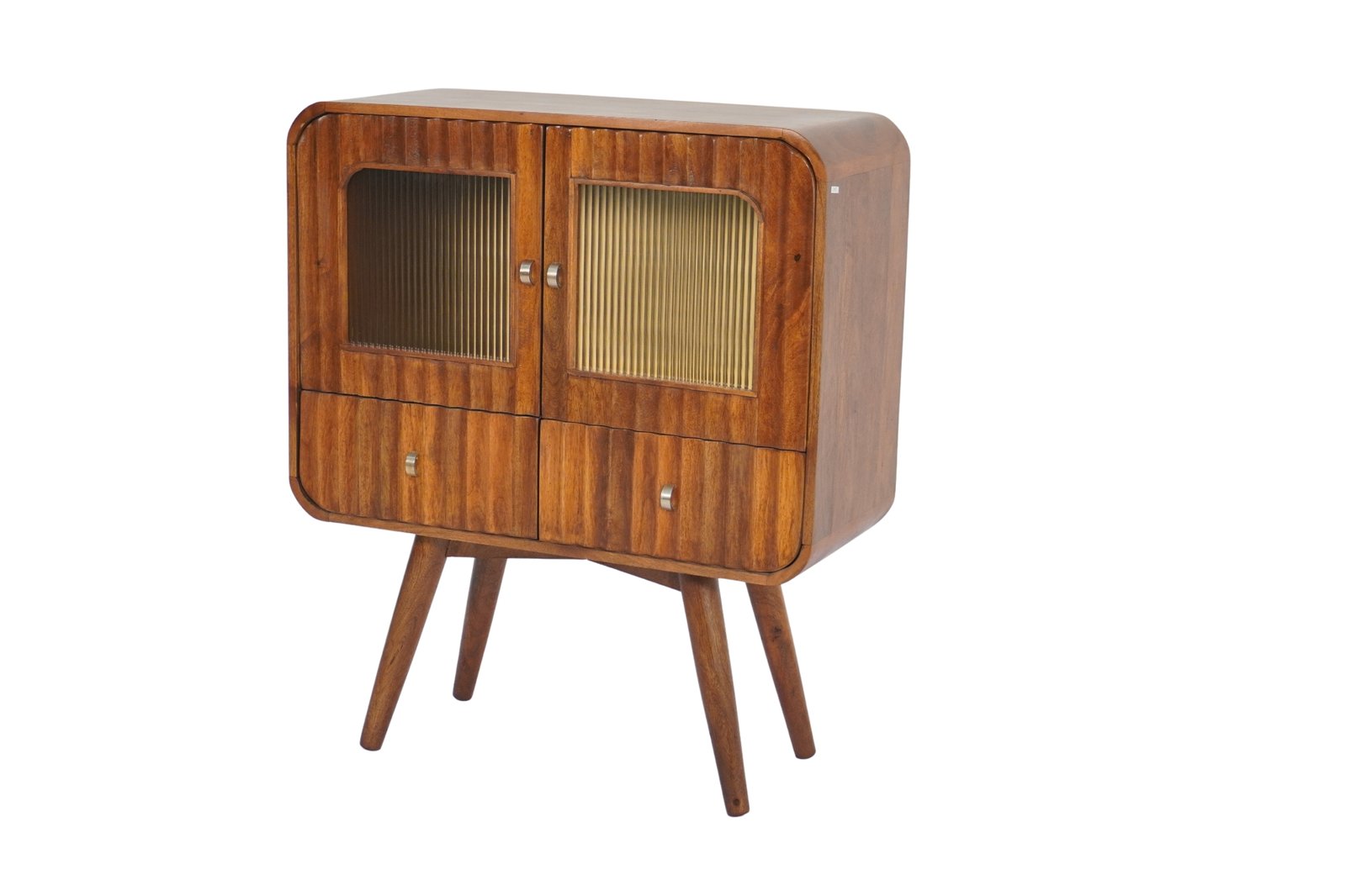 Wooden fluted design ribbed glass 2 door cabinet with drawers