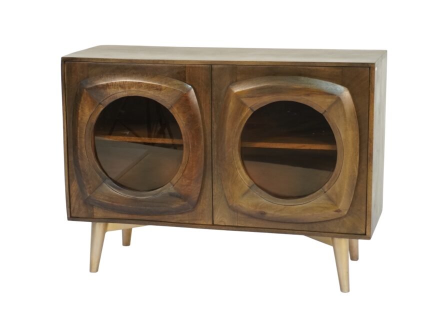 Wooden carved panel 2 door cabinet with glass doors