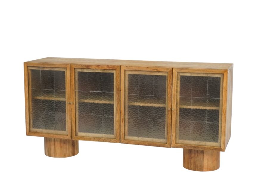 Wooden 4 door sideboard with hammered glass doors