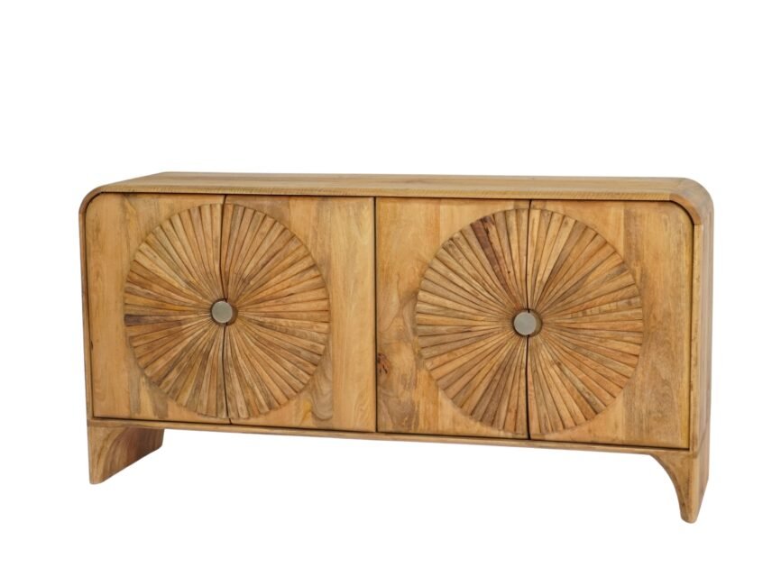 Wooden 4 Door Flower Design Side Board