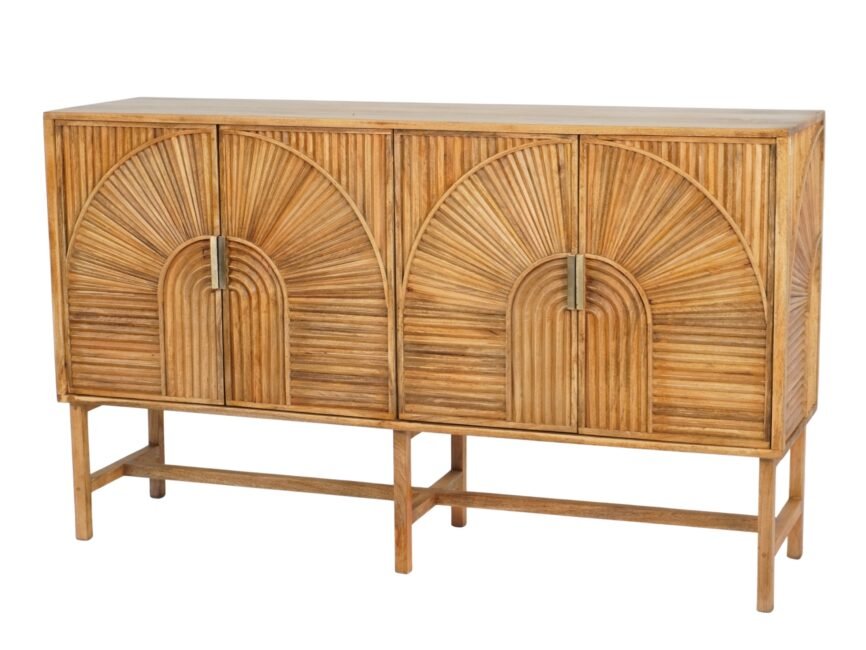 Wooden striped design 4 door sideboard on wooden base