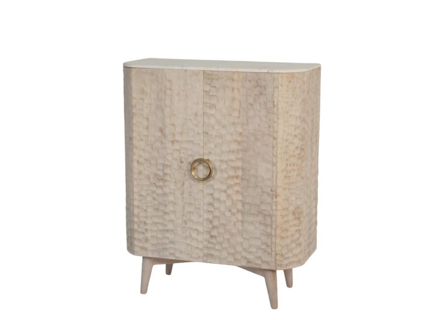 Wooden hammered design cabinet with marble top