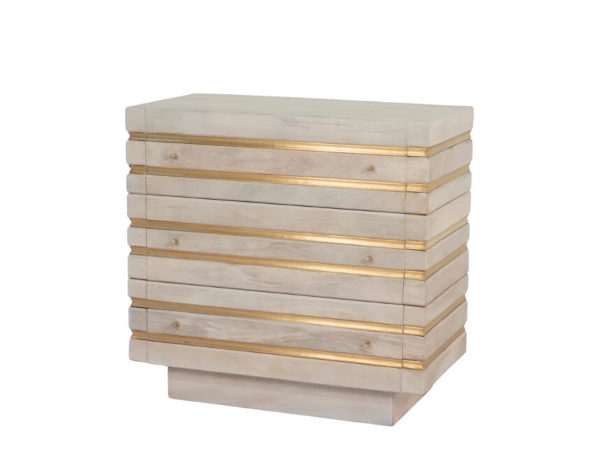 Wooden groove design 3 drawer cabinet with brass cladding