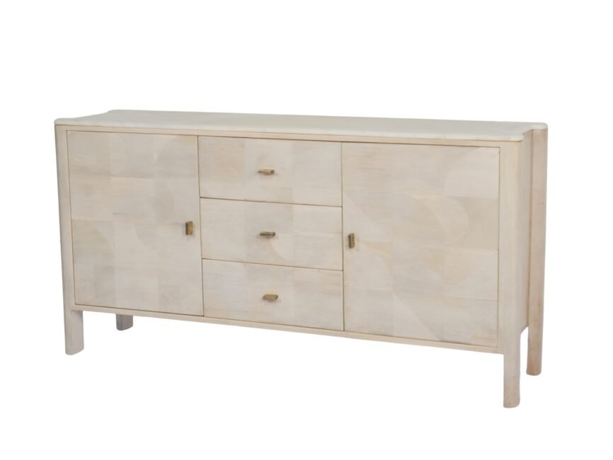 Wooden parqutery design 2 door 3 drawer sideboard with marble top