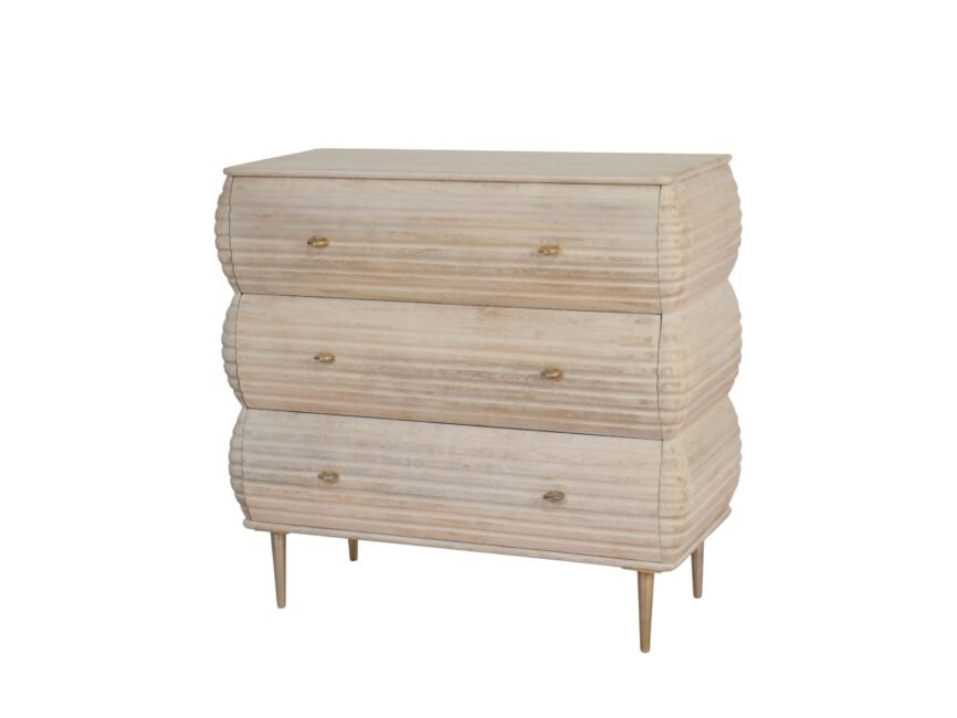 Wooden grooved curved design 3 drawer cabinet