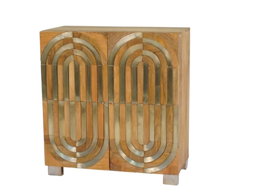 Wooden cabinet with layered white metal cladding