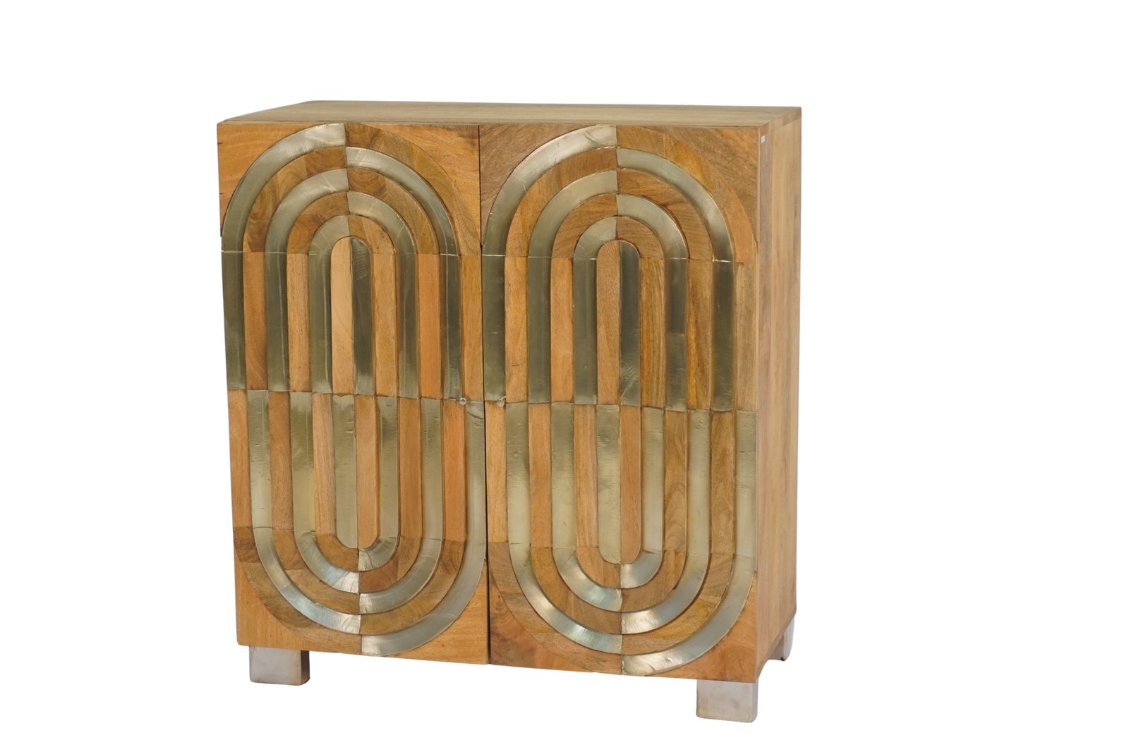 Wooden cabinet with layered white metal cladding