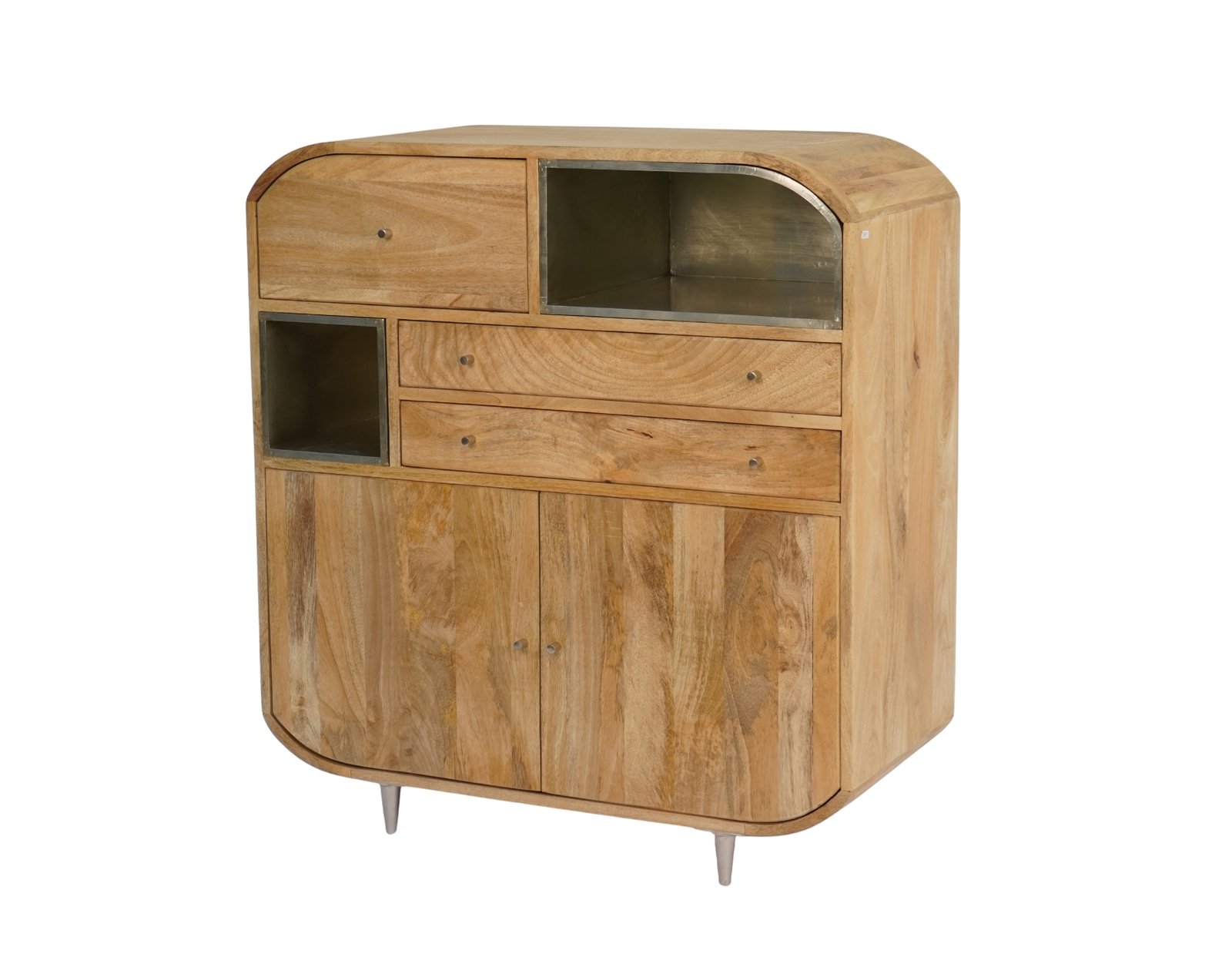 Wooden curved cabint with drawers, doors and metal cladded shelf