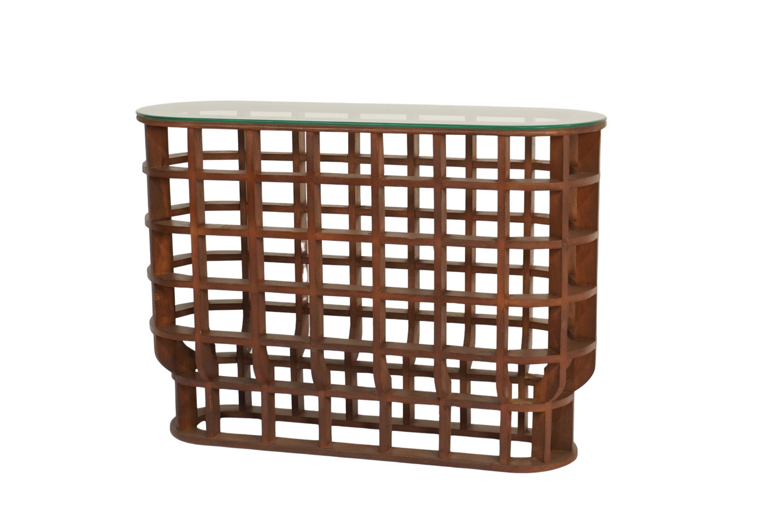 Wooden grid design oval console with glass top