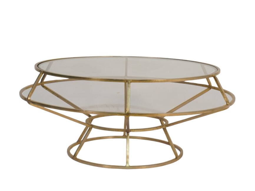 Iron taper disc design coffee table with twin glass tops
