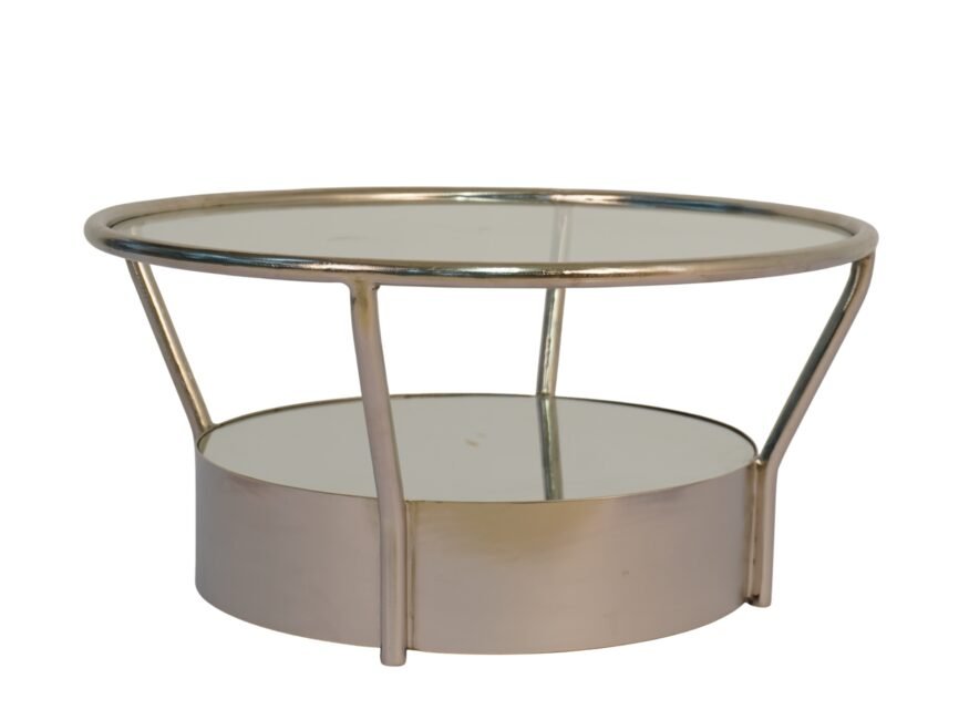 Iron forged round coffee table with glass top and mirror base