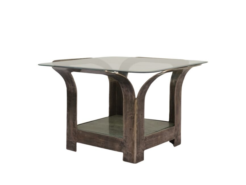 Iron forged coffee table with bevelled glass top and green marble shelf