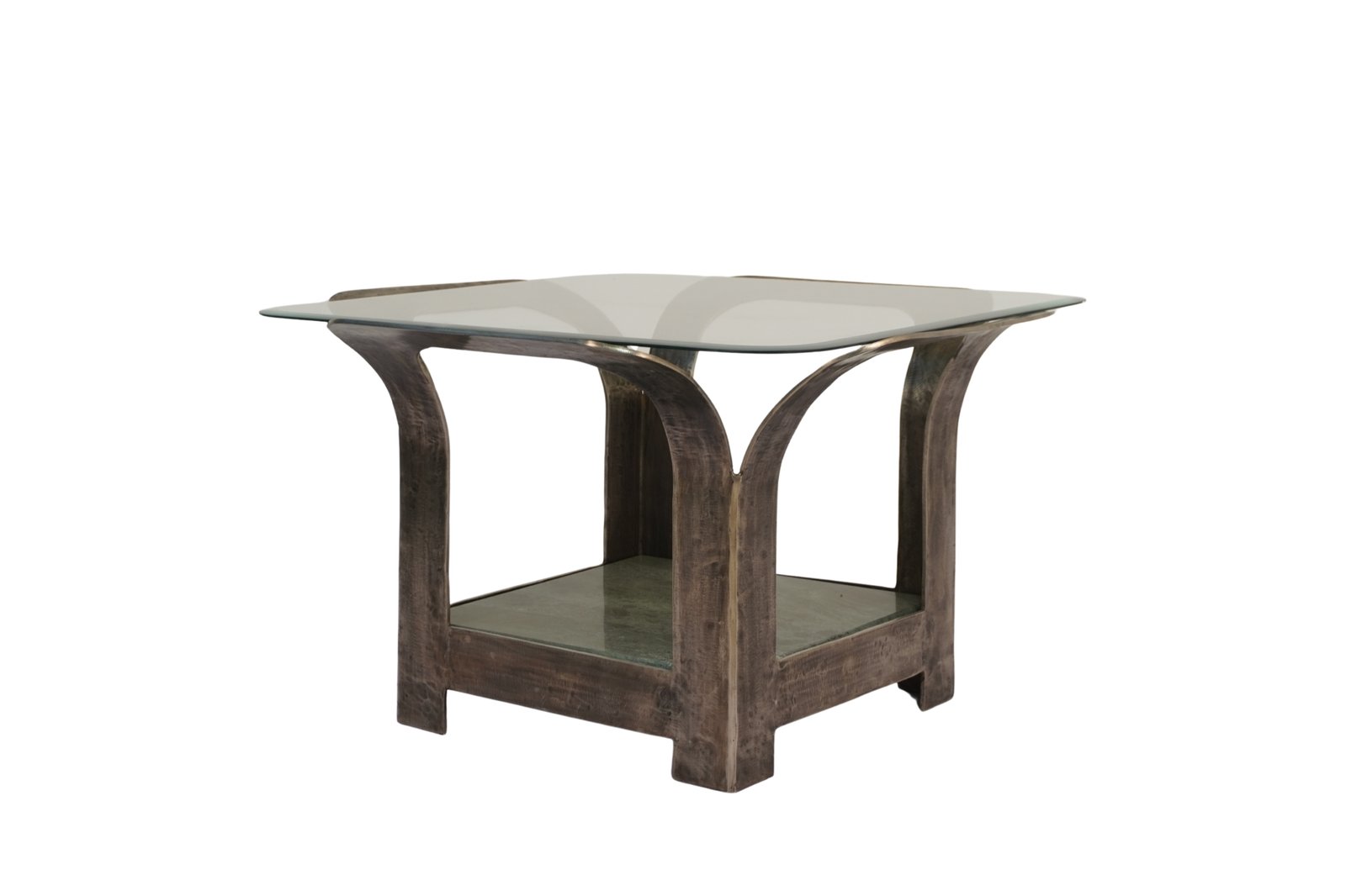 Iron forged coffee table with bevelled glass top and green marble shelf
