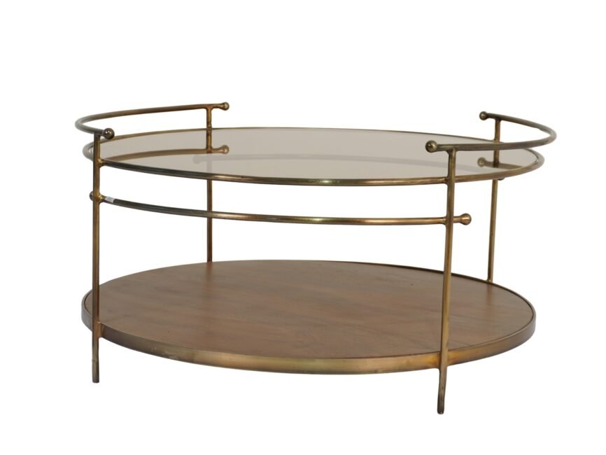 Iron Forged coffee table with brown glass and wood shelf