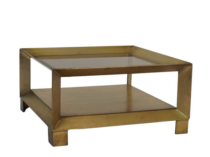 Iron forged diamond coffee table with amber glass top and metal shelf