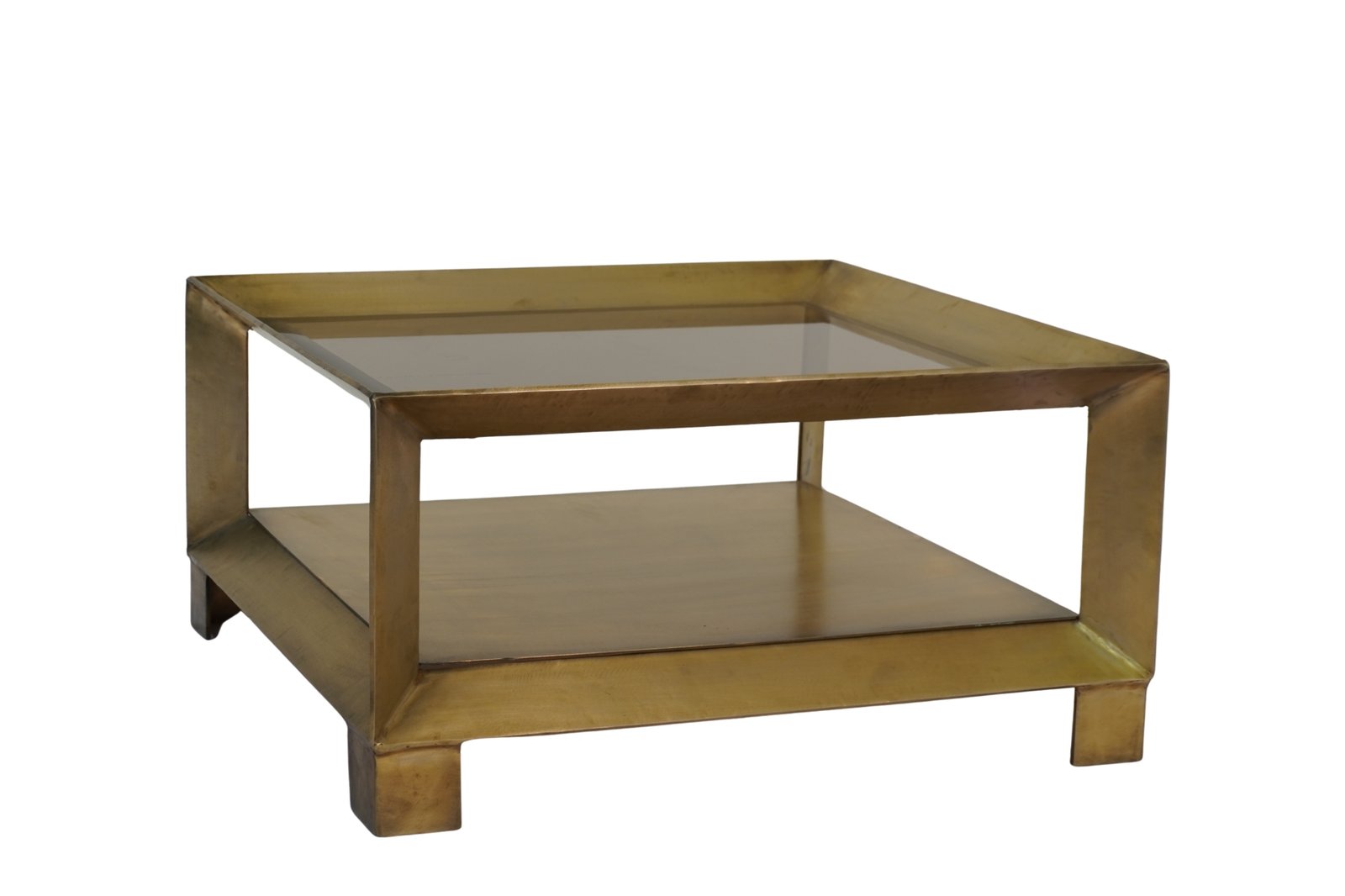 Iron forged diamond coffee table with amber glass top and metal shelf