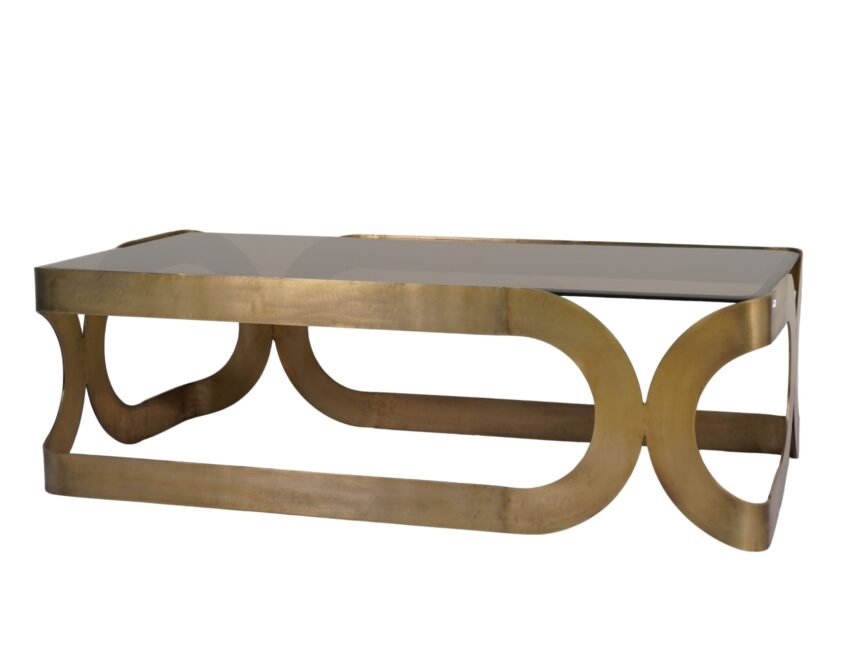 Iron Forged curved coffee table with bevelled amber glass top