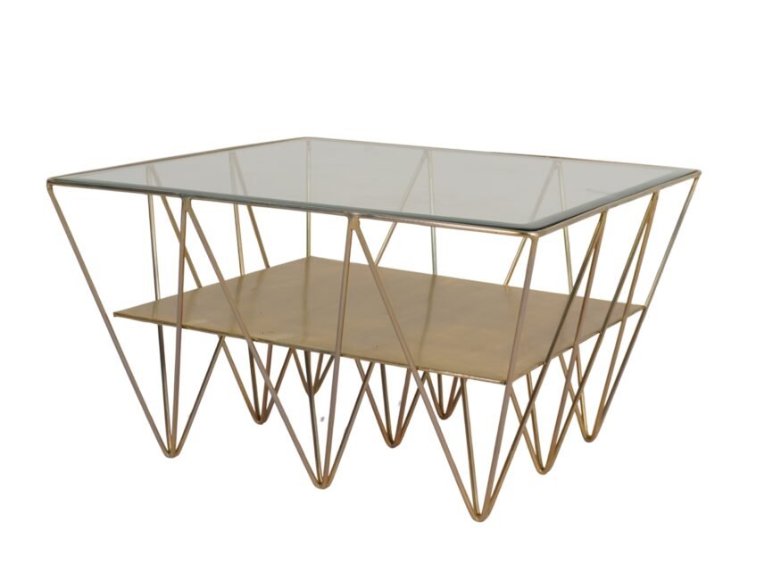 Iron forged triangular design coffee table with glass and metal tops