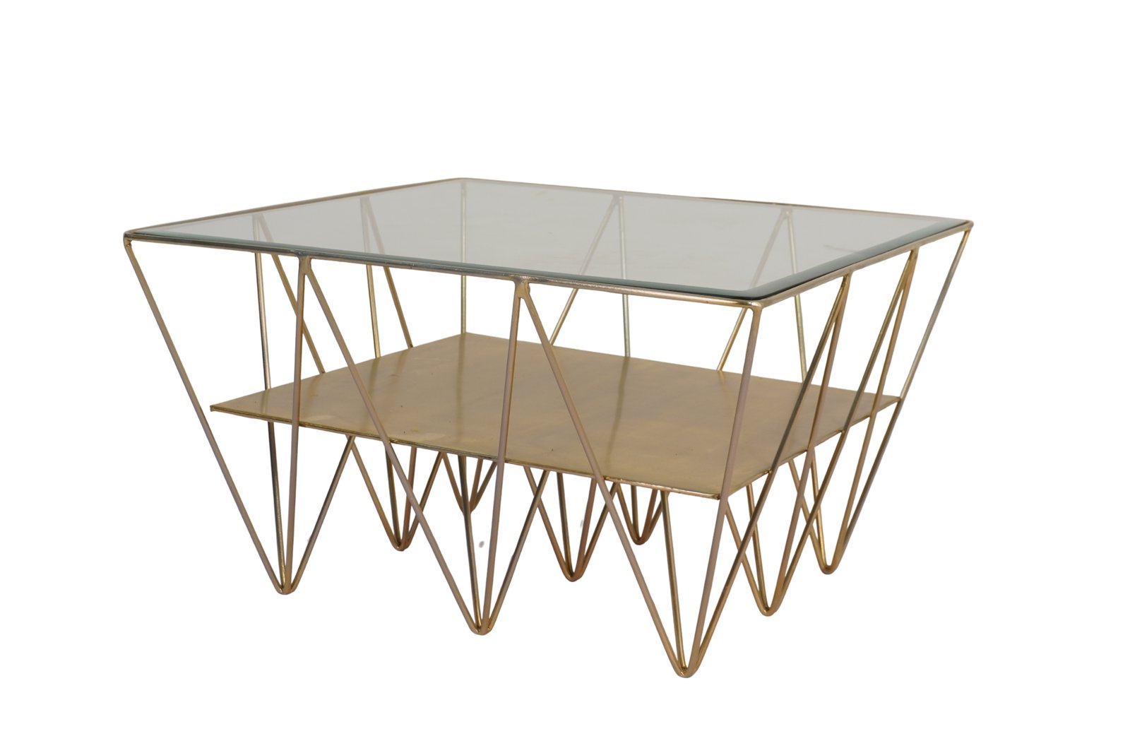 Iron forged triangular design coffee table with glass and metal tops