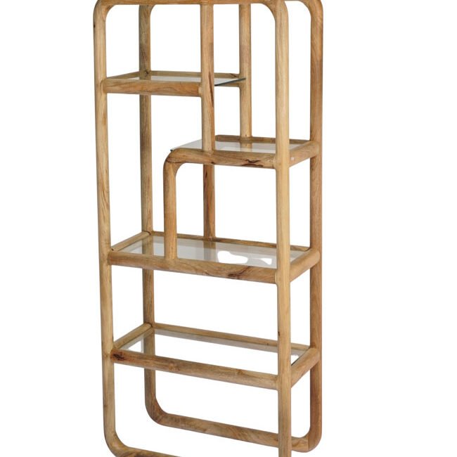 Wooden curved design tall shelf with glass tops