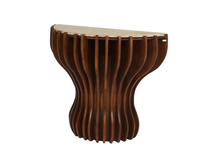 Wooden striped curved design console with travertine stone top