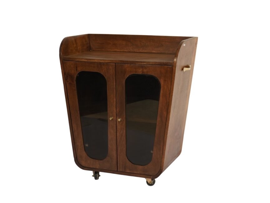 Wooden retro glass door cabinet on wheels with marble top