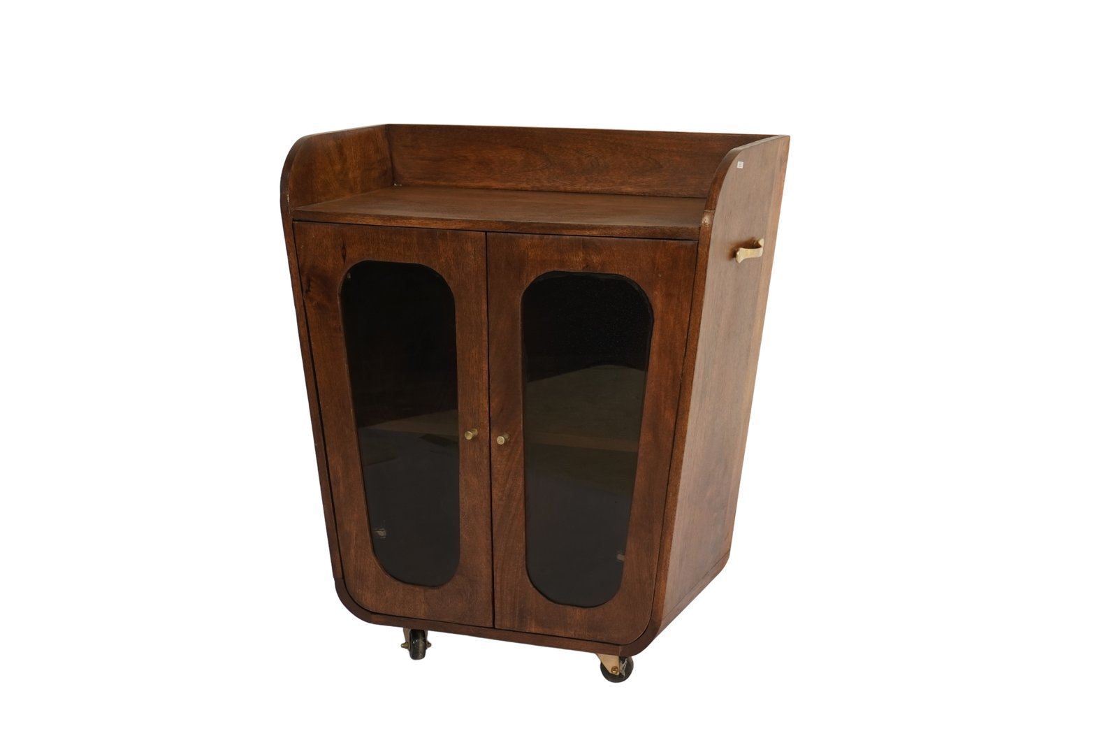 Wooden retro glass door cabinet on wheels with marble top