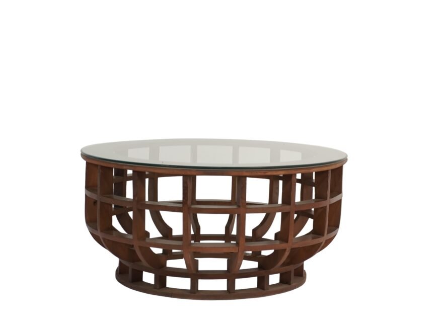 Wooden square block design round coffee table with glass top