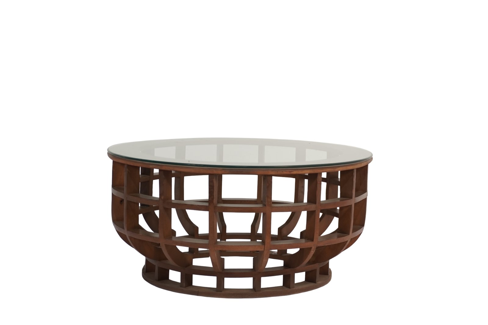 Wooden square block design round coffee table with glass top
