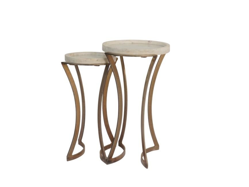 Iron Curve design set of 2 tables with marble tray tops