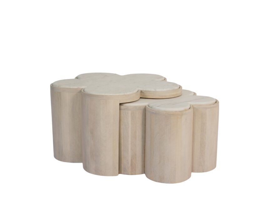 Wooden flower shape set of 2 coffee tables with marble tops