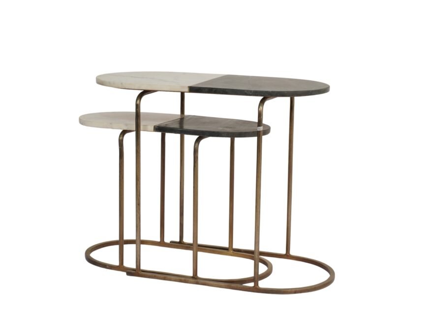 Iron forged oval nesting tables with 2 tone brass inlay marble