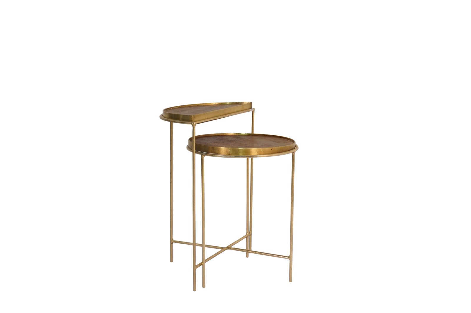 Iron set of 2 tables with brass edge cladded wood tops
