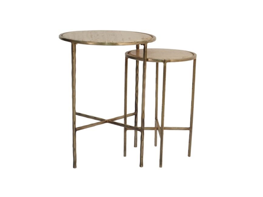 Iron forged set of 2 tables with Italian travertine stone tops