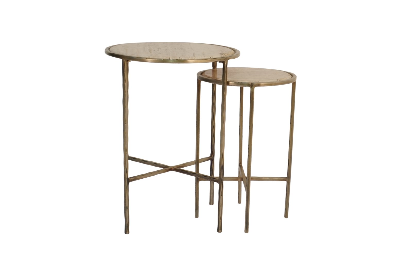Iron forged set of 2 tables with Italian travertine stone tops