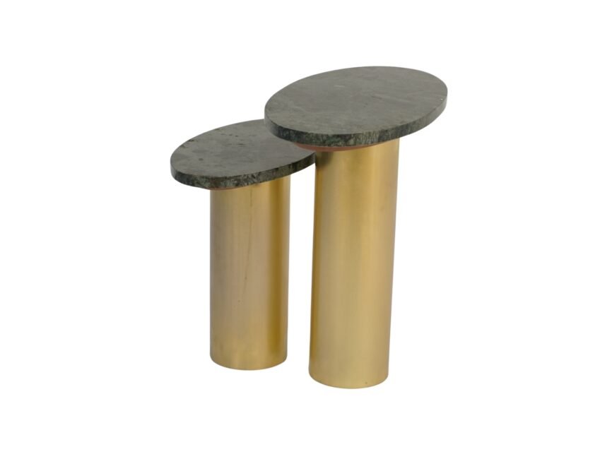Iron pillar base nesting tables with oval marble tops