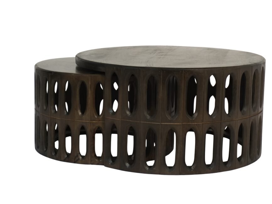 Wooden oval panel carved round set of 2 coffee tables