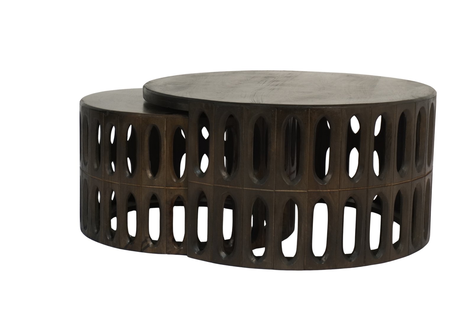 Wooden oval panel carved round set of 2 coffee tables