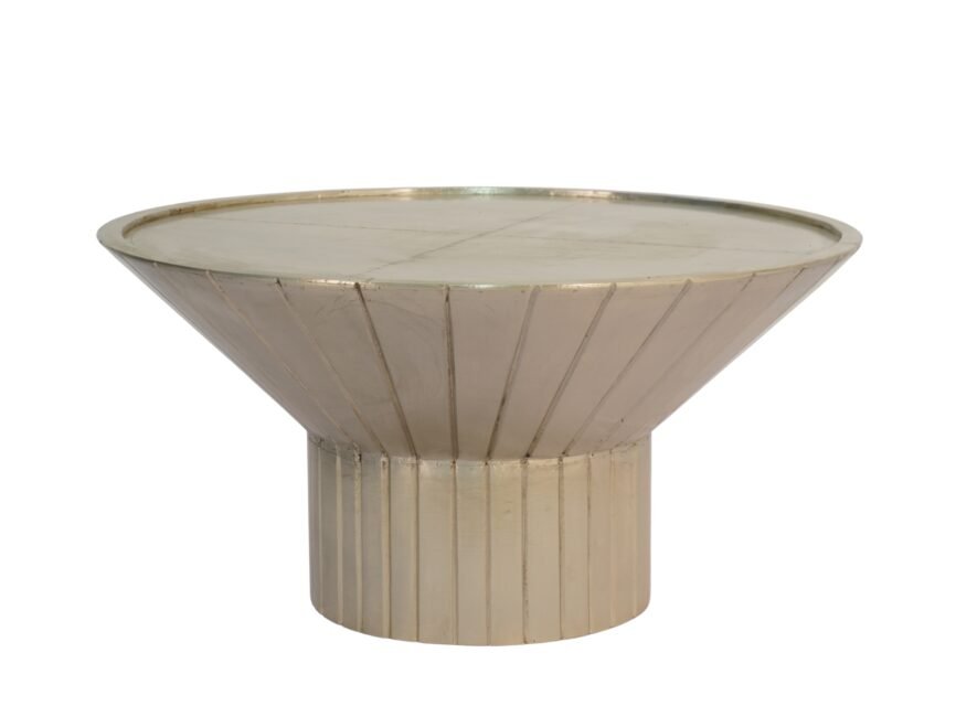 Wooden striped taper round coffee table with white metal cladding