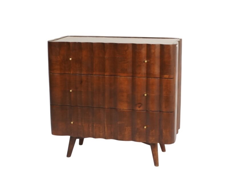 Wooden wave carved 3 drawer cabinet with brown empadore marble top