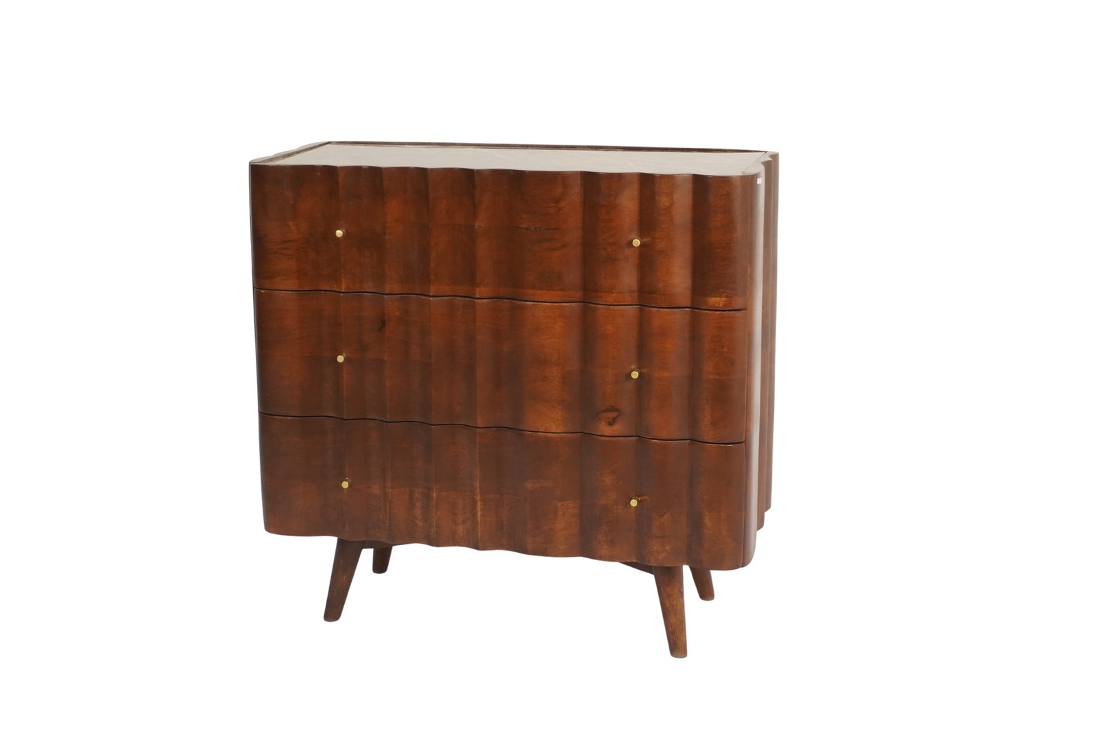 Wooden wave carved 3 drawer cabinet with brown empadore marble top