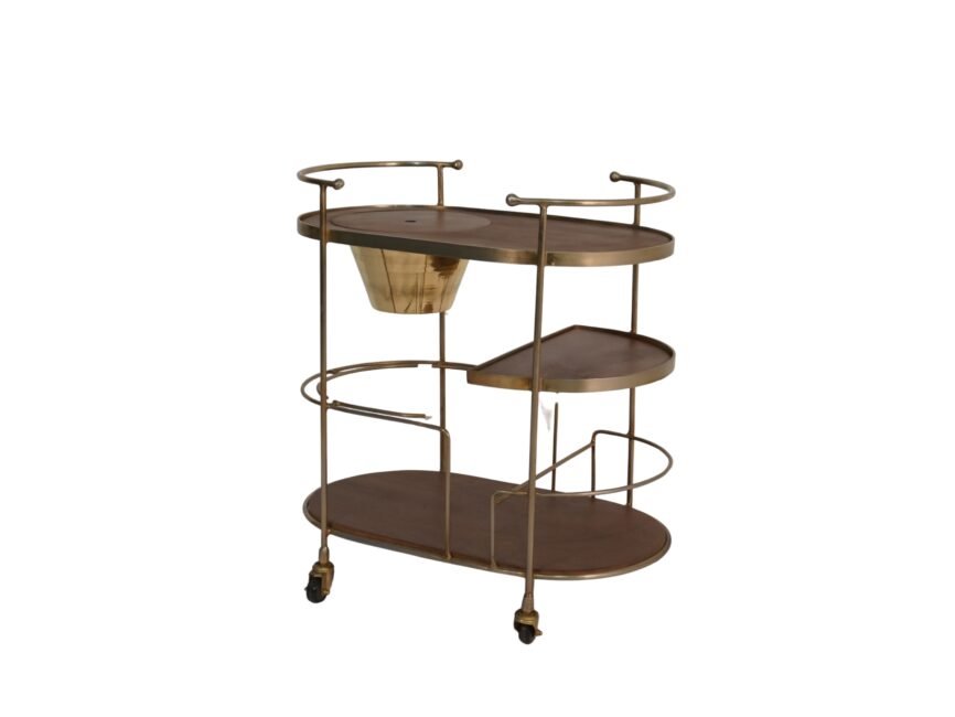 Iron trolley with brass ice bucket and wooden shelves
