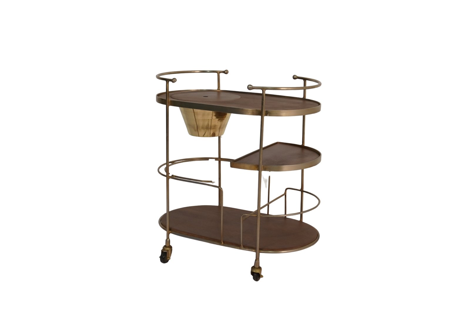 Iron trolley with brass ice bucket and wooden shelves