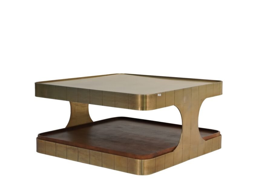 Iron Forged striped design coffee table with sheet top and wooden shelf