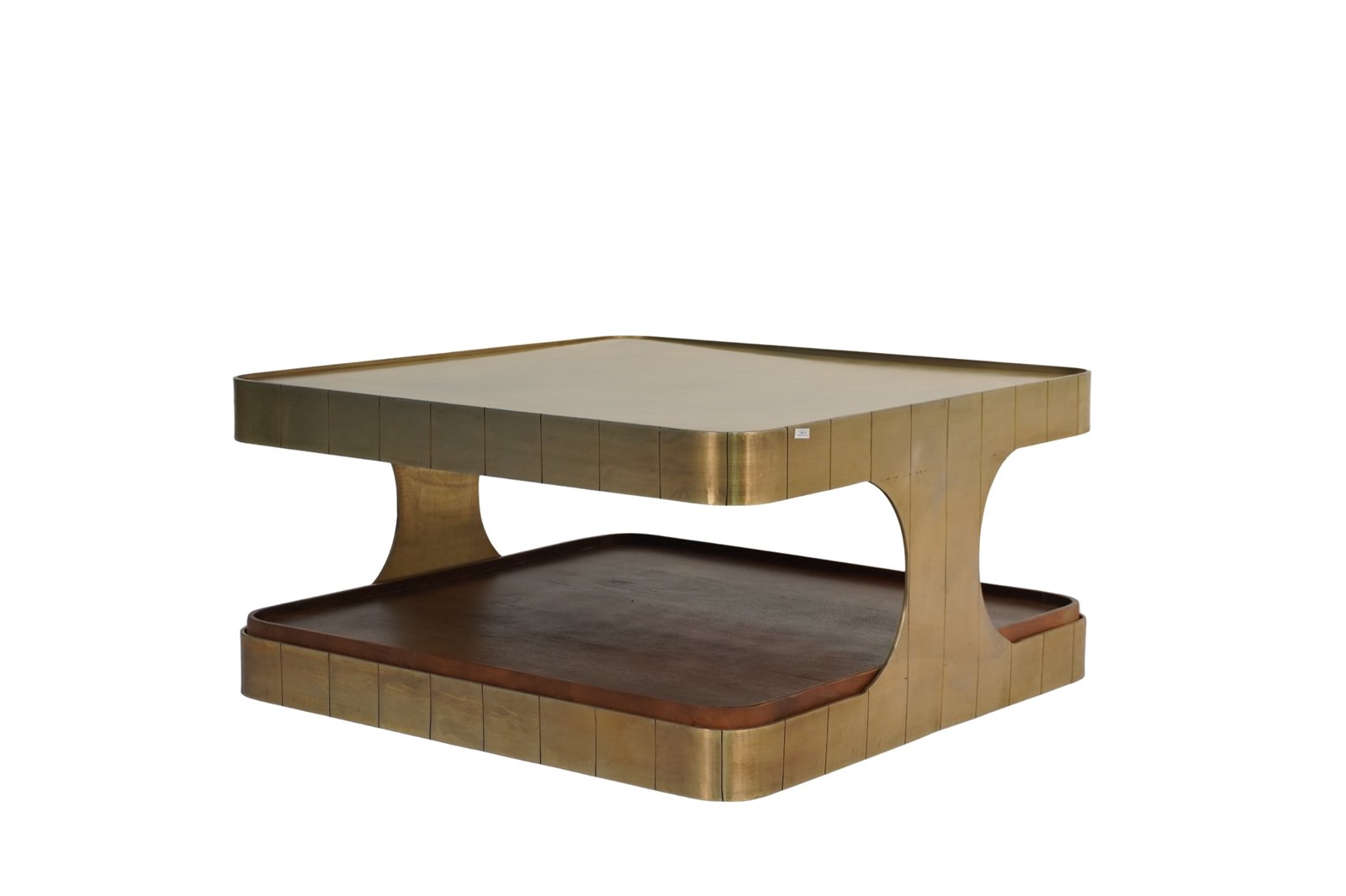 Iron Forged striped design coffee table with sheet top and wooden shelf