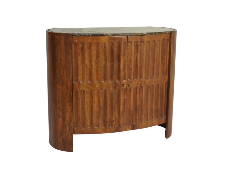 Wooden carved design capsule shape cabinet with brown empadore marble top