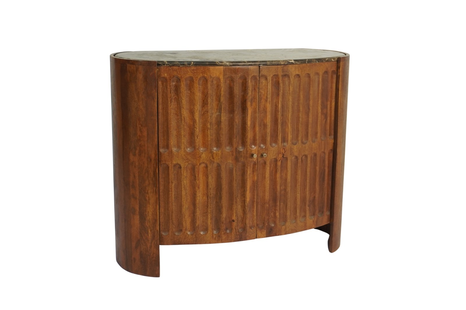 Wooden carved design capsule shape cabinet with brown empadore marble top