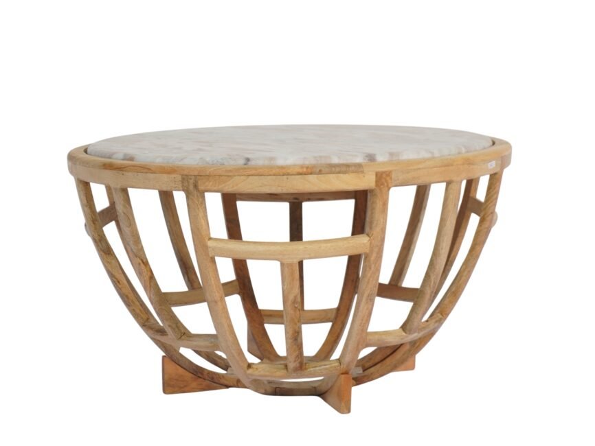 Wooden basket design coffee table with marble top
