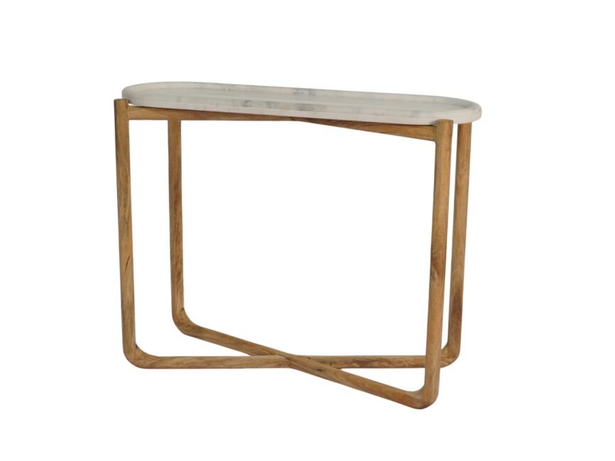 Wooden retro console table with marble tray top